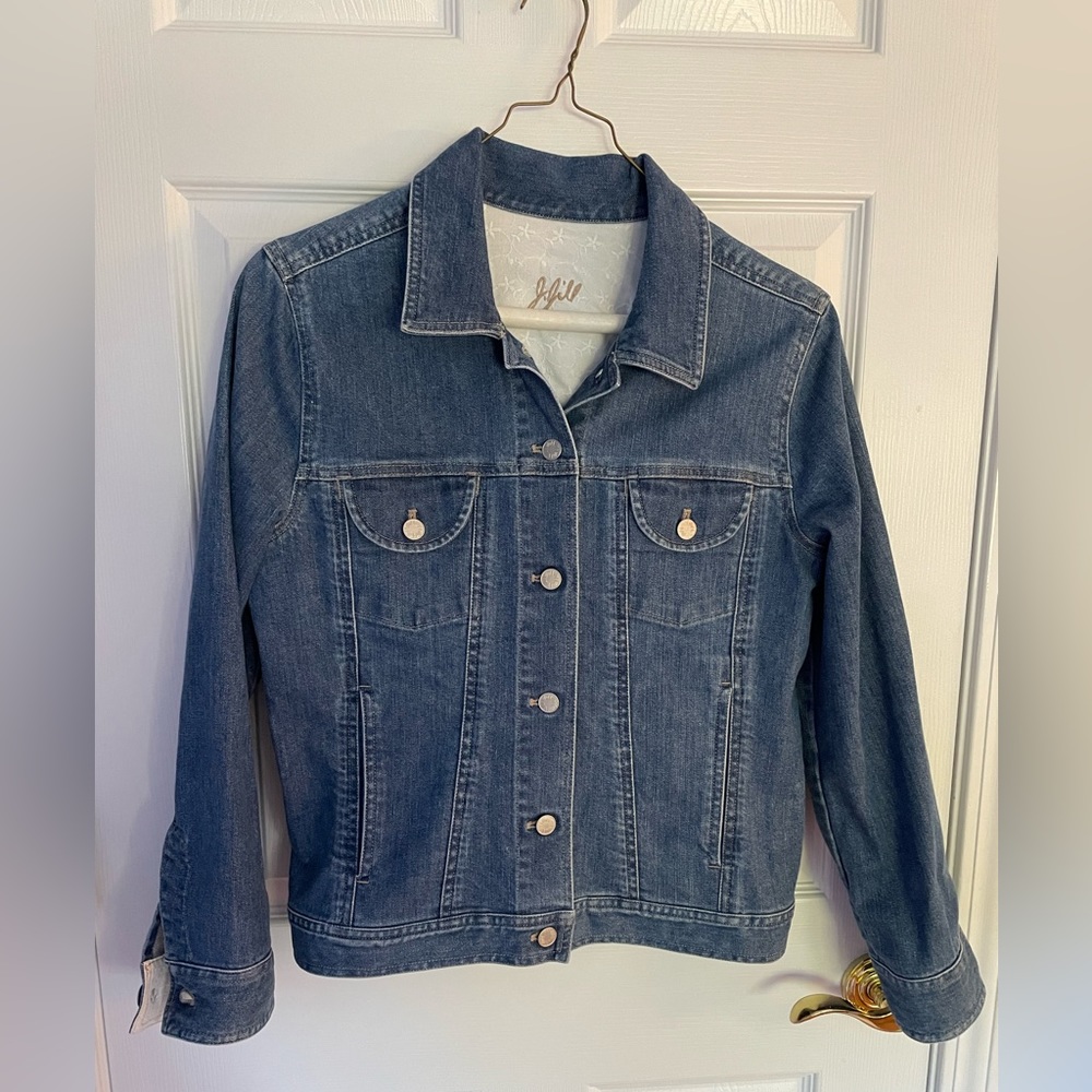 J Jill Blue Jean Jacket with White Embroidered Details M
